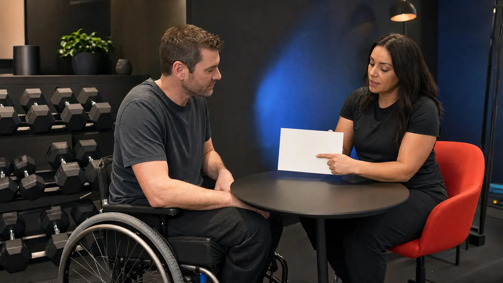 AI-generated editorial image of an anonymous wheelchair user and coach discussing a blank strength-training plan