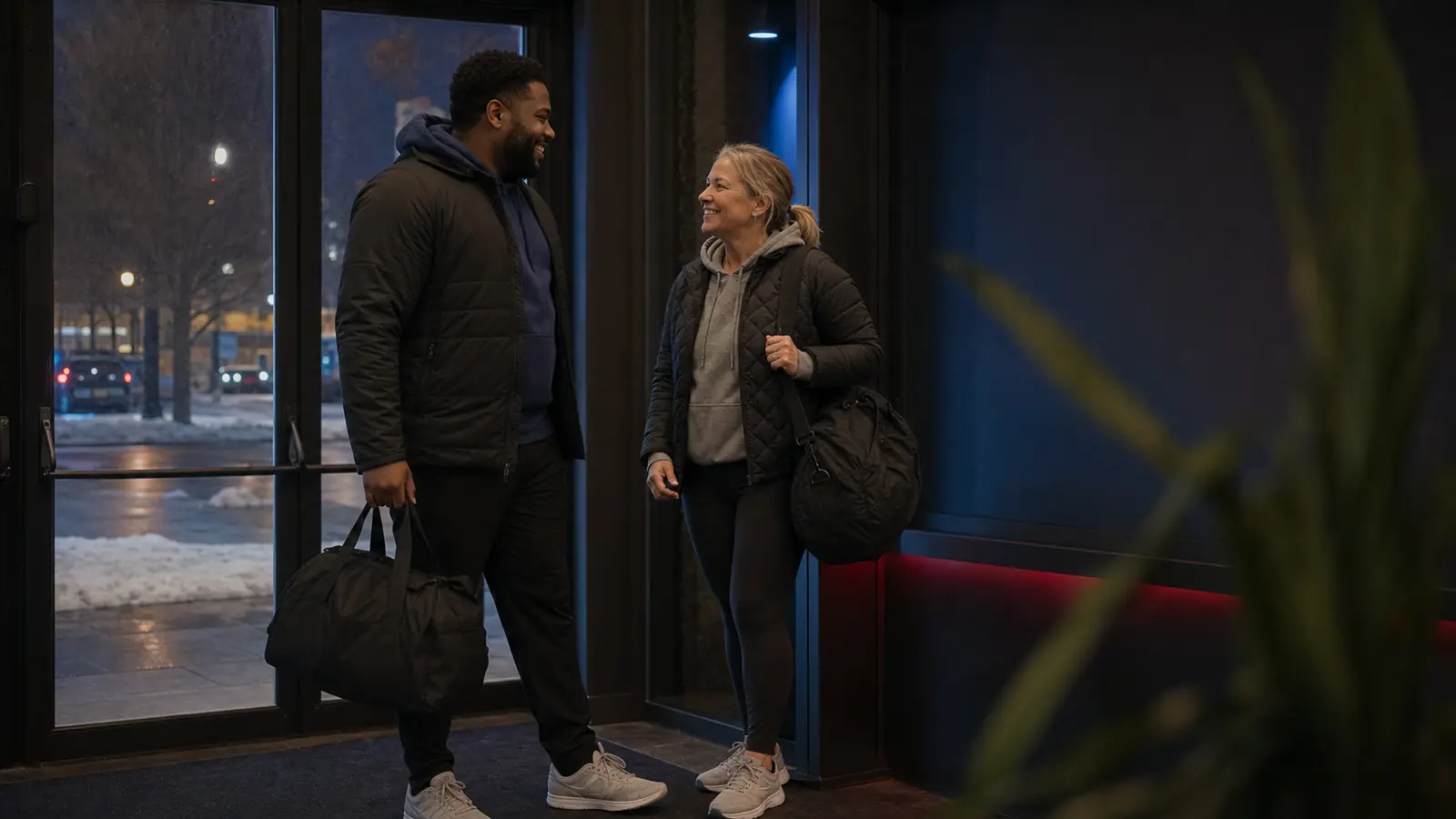 AI-generated editorial image of two anonymous beginners arriving for an evening strength session during a Chicago winter