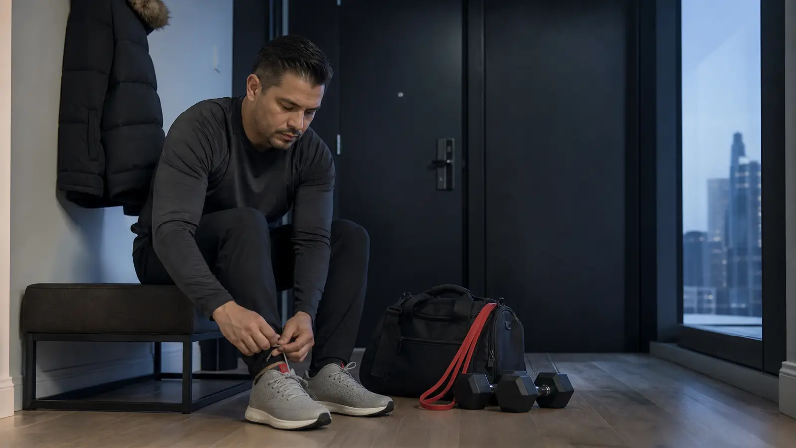 AI-generated editorial image of an anonymous Chicago beginner tying training shoes beside simple strength equipment