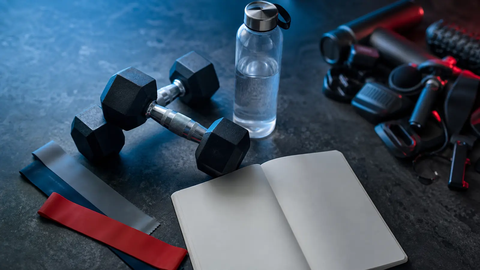 AI-generated editorial still life contrasting simple strength equipment with unnecessary fitness gadgets
