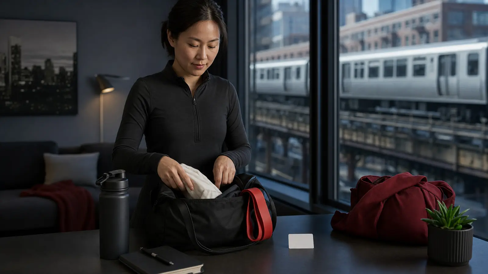 AI-generated editorial image of an anonymous Chicago commuter packing a gym bag for a realistic two-day routine