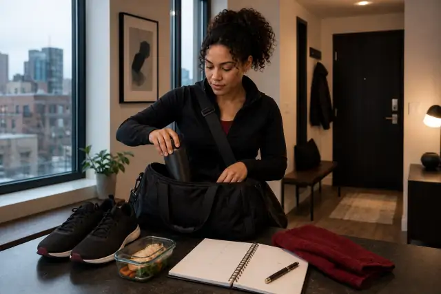 AI-generated editorial image of a Chicago professional packing training gear, a prepared meal, and a weekly planner