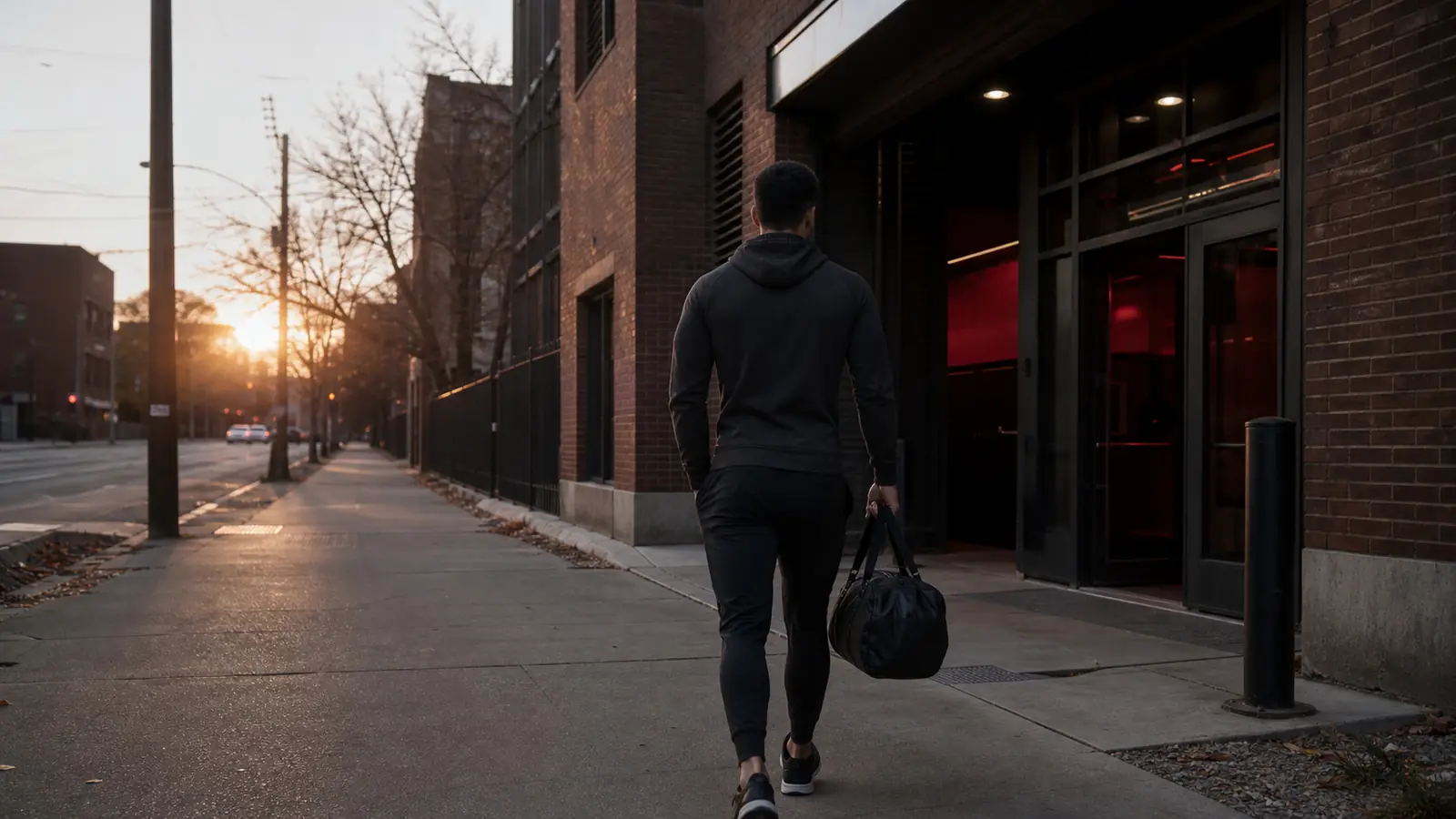 AI-generated editorial photograph of an anonymous Chicago adult walking toward a generic training entrance in early morning light
