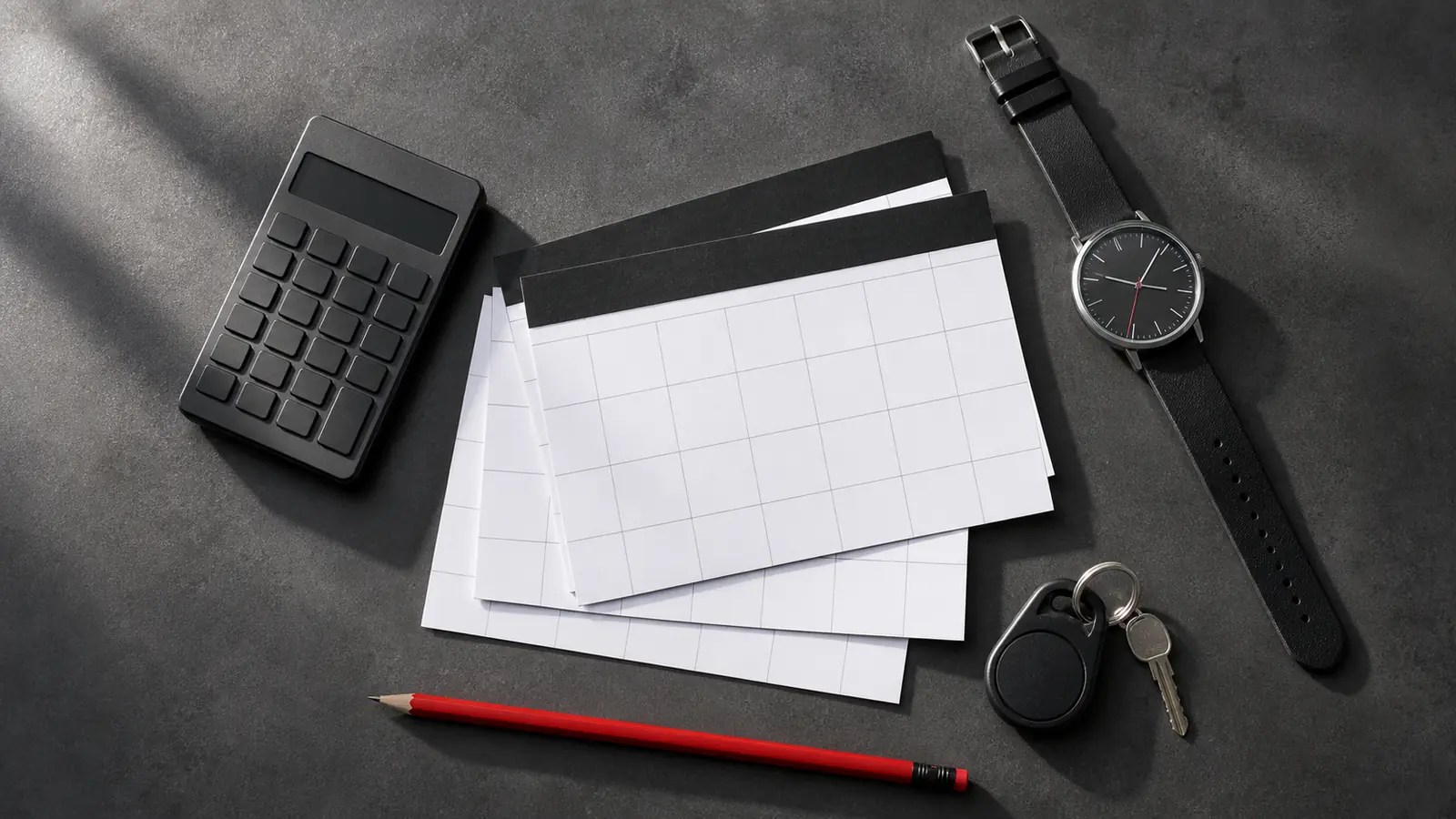 AI-generated overhead editorial photograph of a calculator, blank calendar, watch, and gym key fob used to compare training value