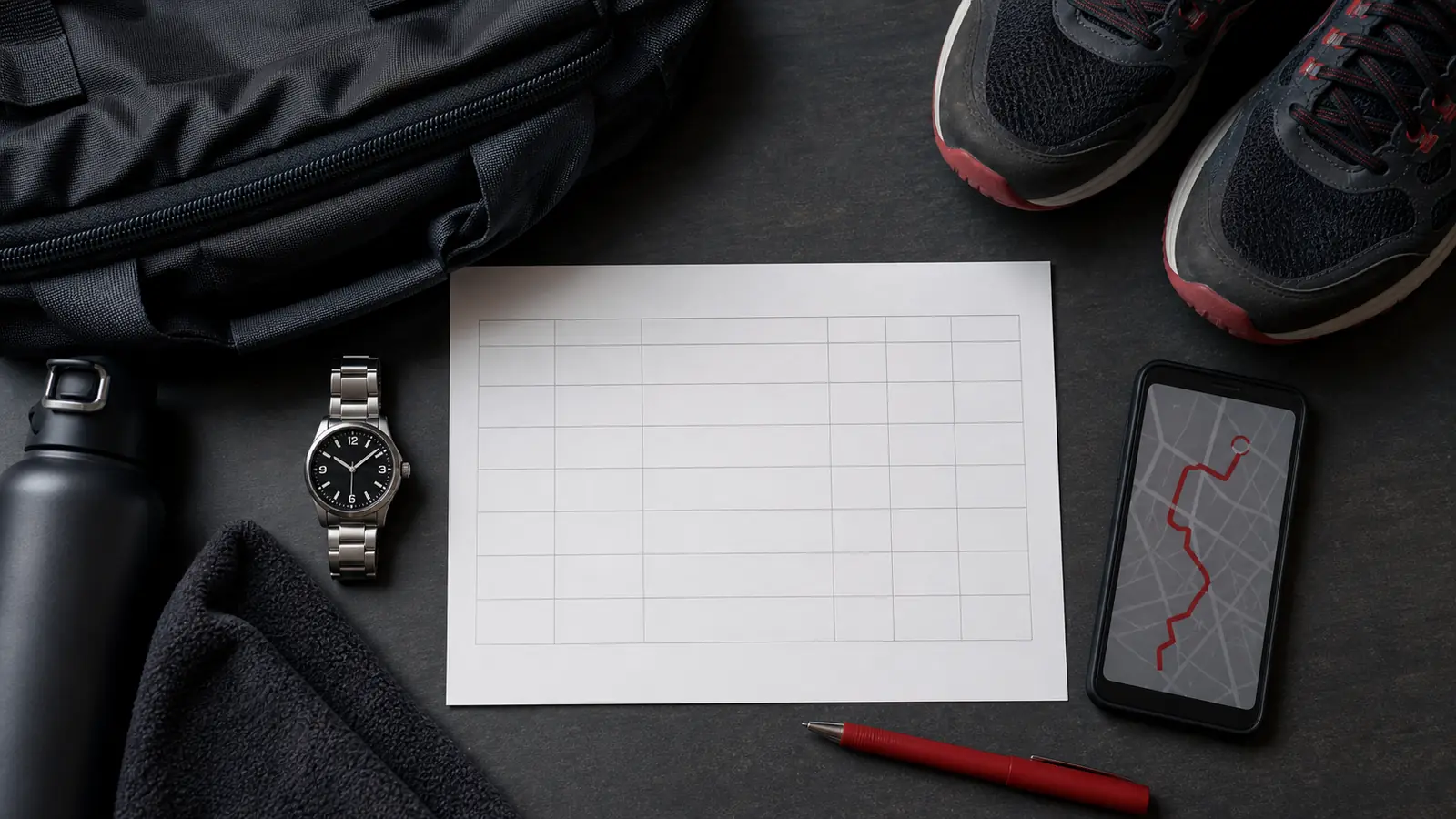 AI-generated overhead scene of a commute-planning worksheet, watch, gym bag, and phone with an abstract route map