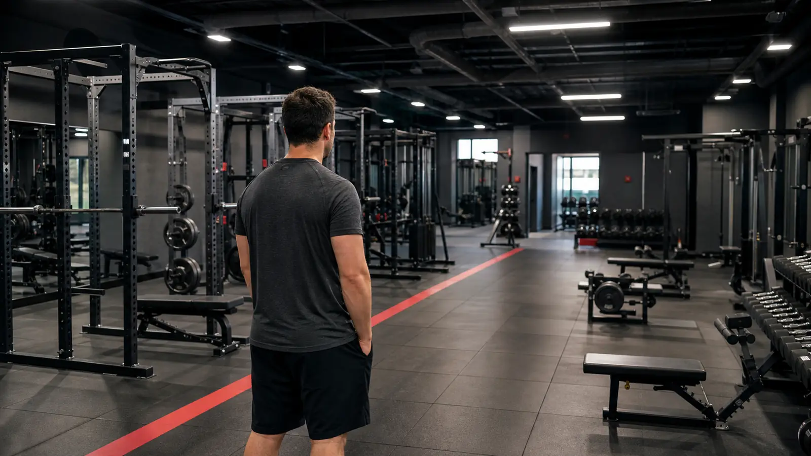 AI-generated editorial photograph of an anonymous member calmly evaluating a generic strength-training space