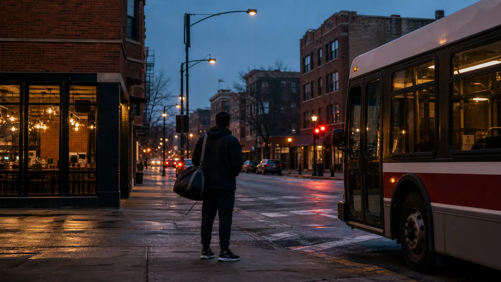 AI-generated Chicago neighborhood street scene with an anonymous traveler, gym bag, and generic city bus at dusk