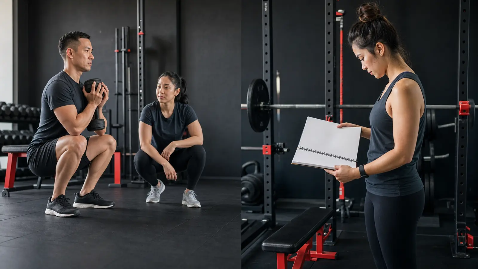 AI-generated split editorial scene comparing coach-guided strength training with independent gym training