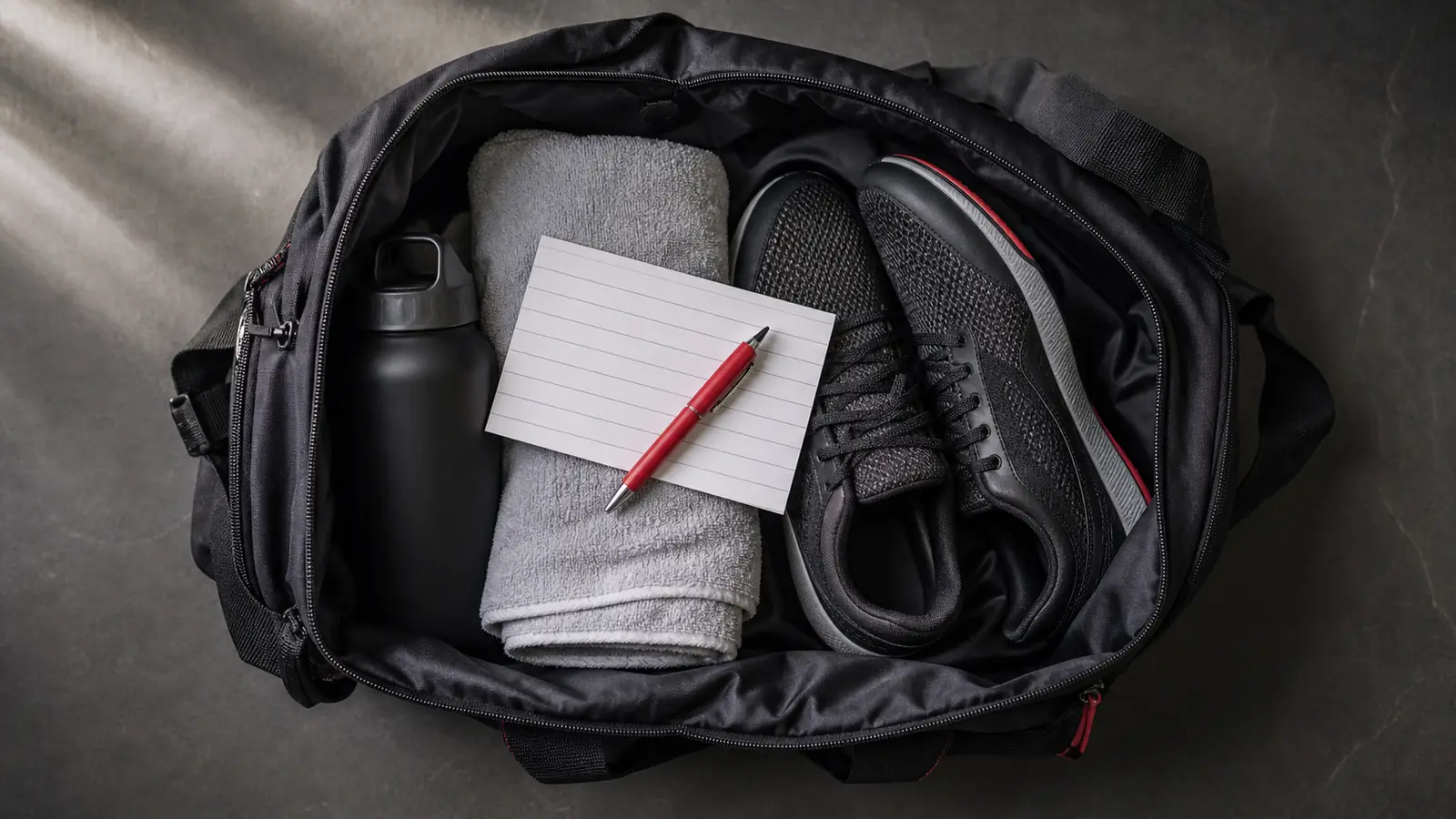 AI-generated overhead editorial photograph of a neatly packed gym bag beside a blank question card and training essentials