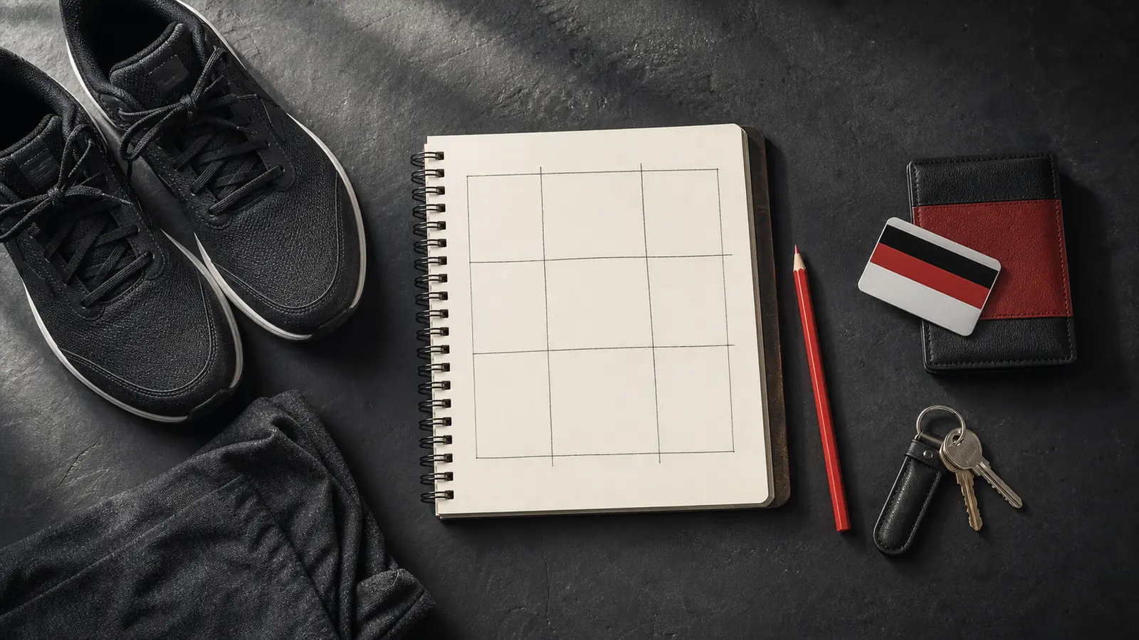 AI-generated overhead editorial photograph of a blank decision notebook, gym shoes, and a transit card arranged on a dark table