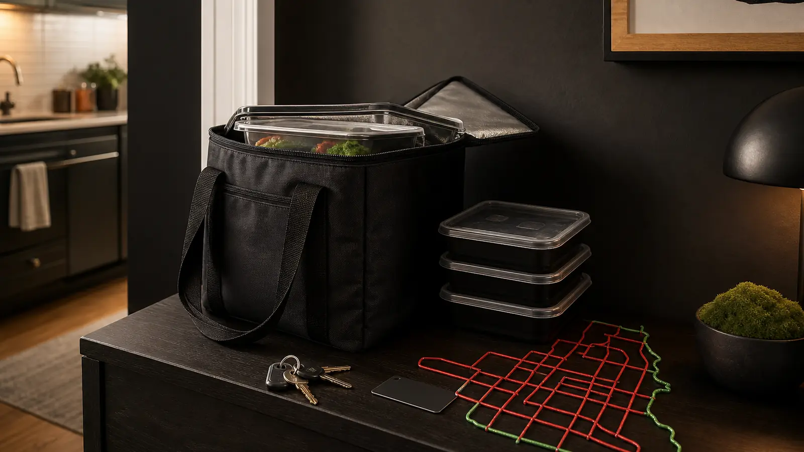 AI-generated editorial still life of an unbranded insulated meal bag, sealed containers, keys, and an abstract Chicago-inspired route grid