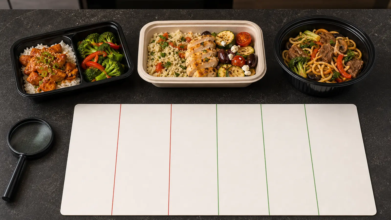 AI-generated overhead image of three generic prepared meals above a blank comparison board with restrained red and green dividers
