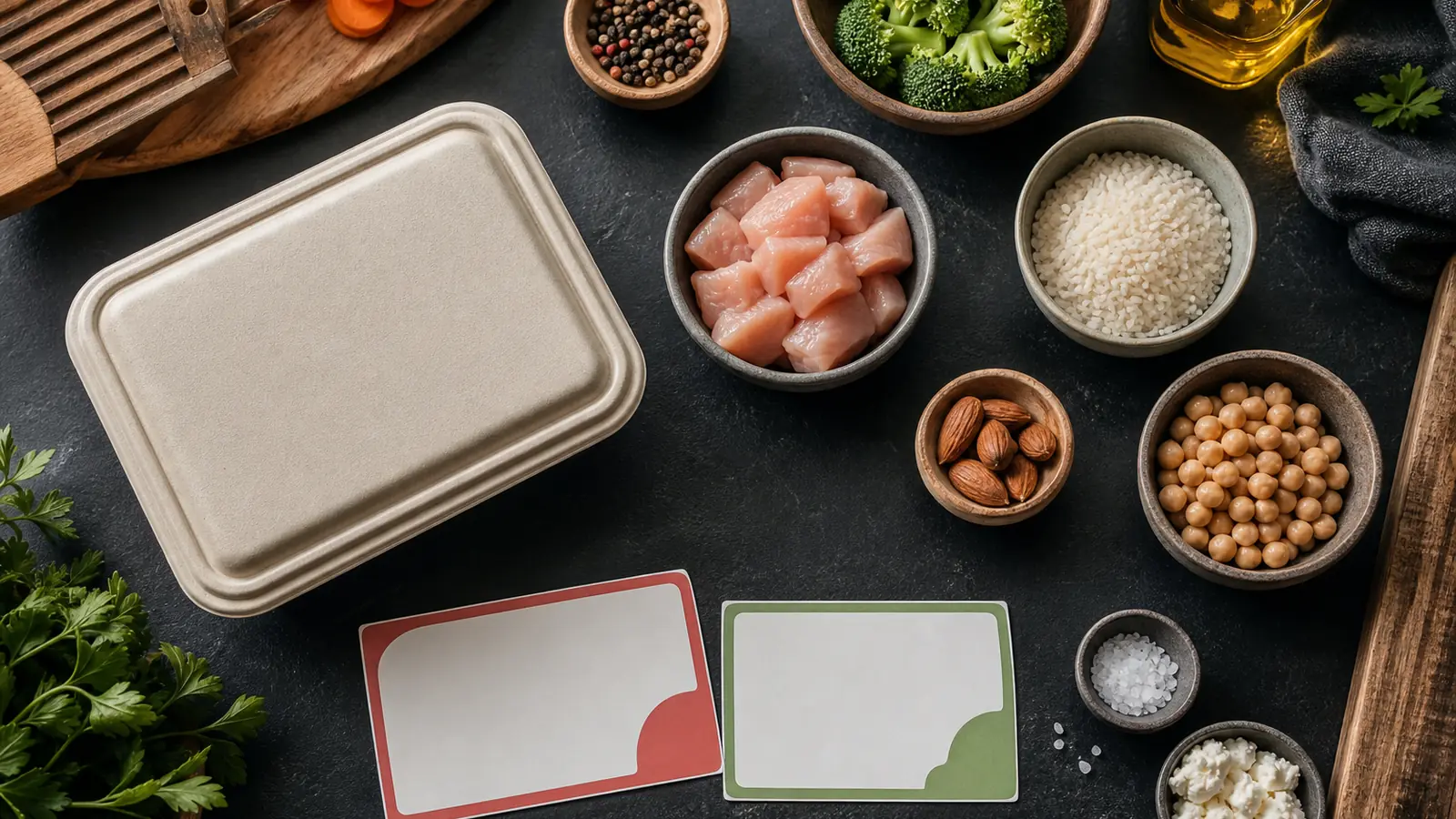 AI-generated overhead still life of generic ingredients, an unbranded meal container, and blank ingredient and allergen cards