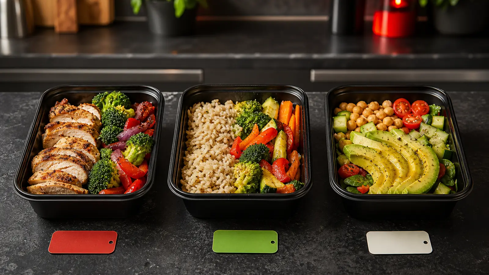 AI-generated editorial image of three distinct generic prepared meals arranged for a neutral macronutrient-information comparison