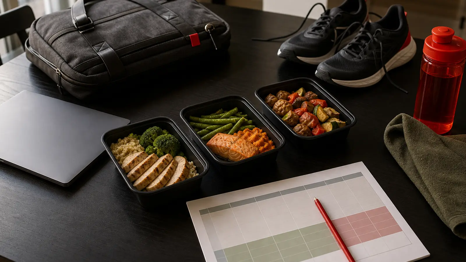 AI-generated editorial still life of generic prepared meals arranged with work, training, and blank weekly-planning objects