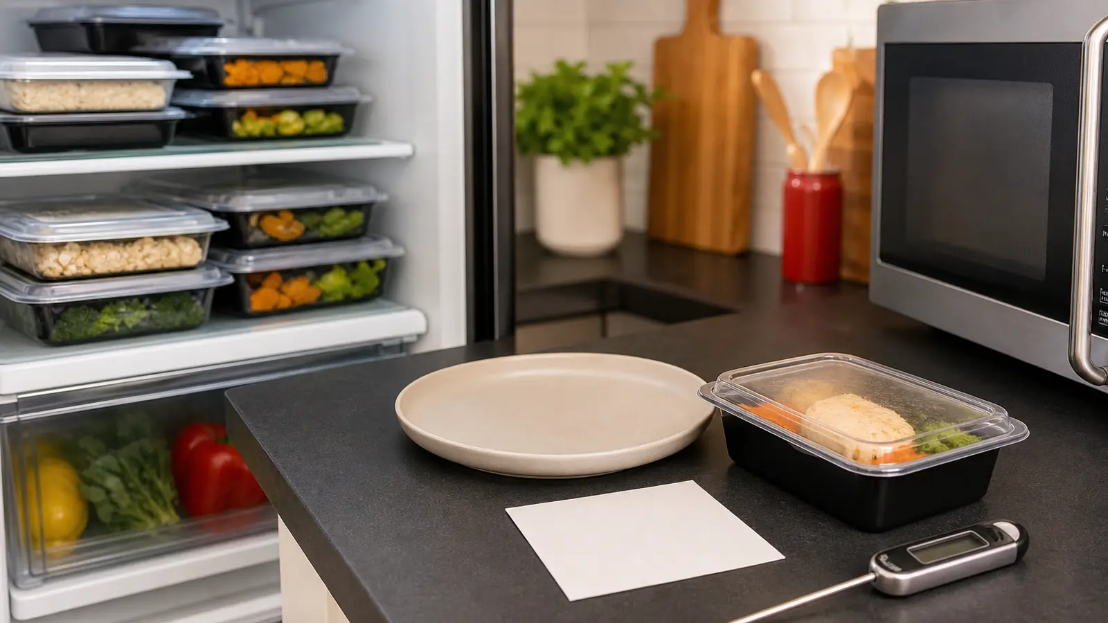 AI-generated kitchen image showing sealed generic meal containers moving from refrigeration toward a blank reheating-instruction setup
