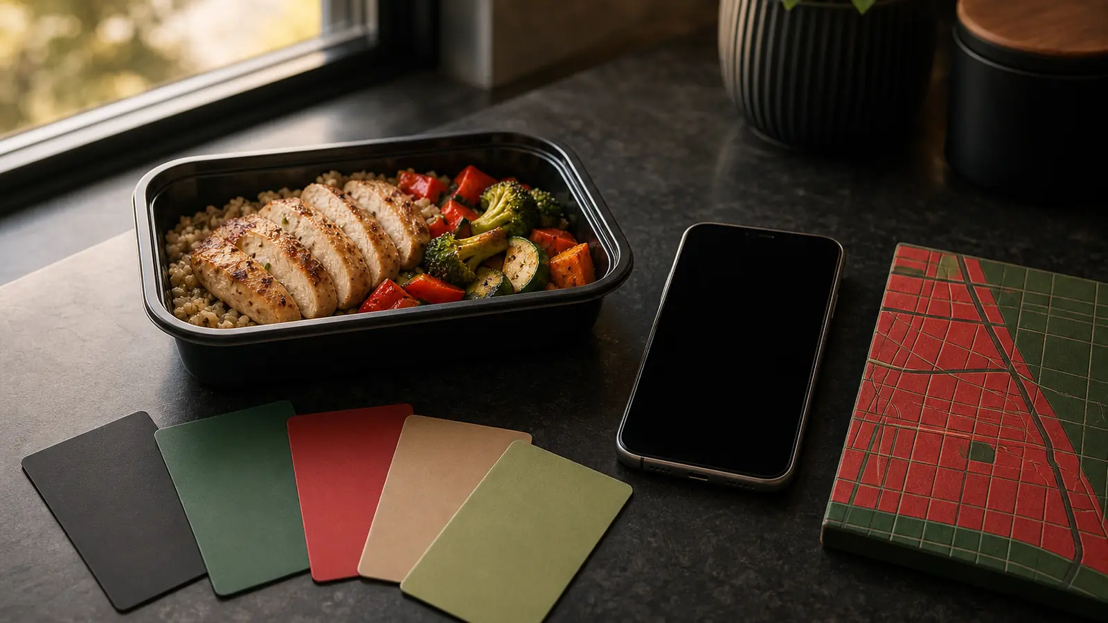 AI-generated closing image of a generic prepared meal, blank smartphone, and plain blank information cards on a charcoal counter