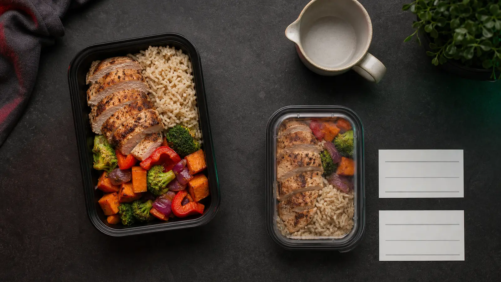 AI-generated overhead image of two different-size generic meal containers beside blank serving-information cards and a measuring cup