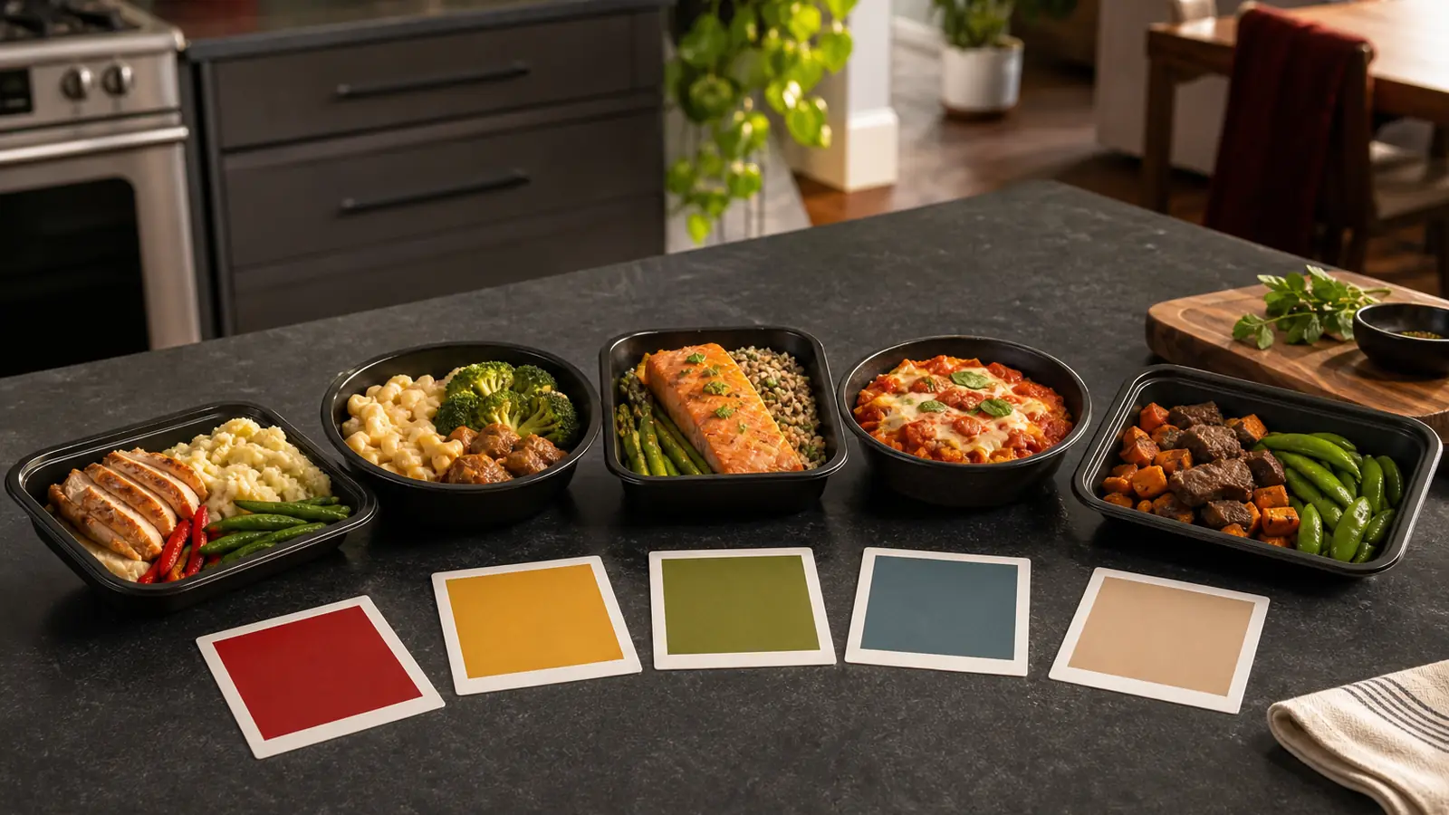 AI-generated editorial image of five varied generic prepared meals arranged beside blank weekly planning tiles