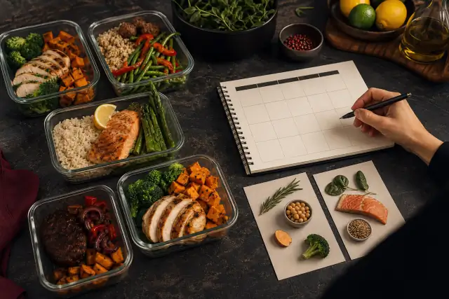 AI-generated editorial image of prepared meals beside a blank weekly planning sheet