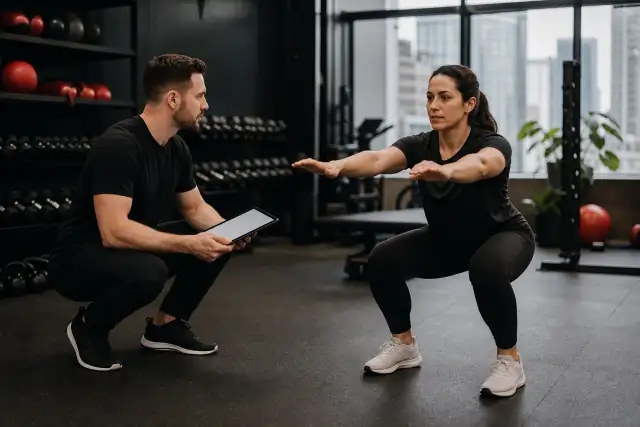 AI-generated editorial image of a coach observing a simple bodyweight movement during a non-clinical training conversation