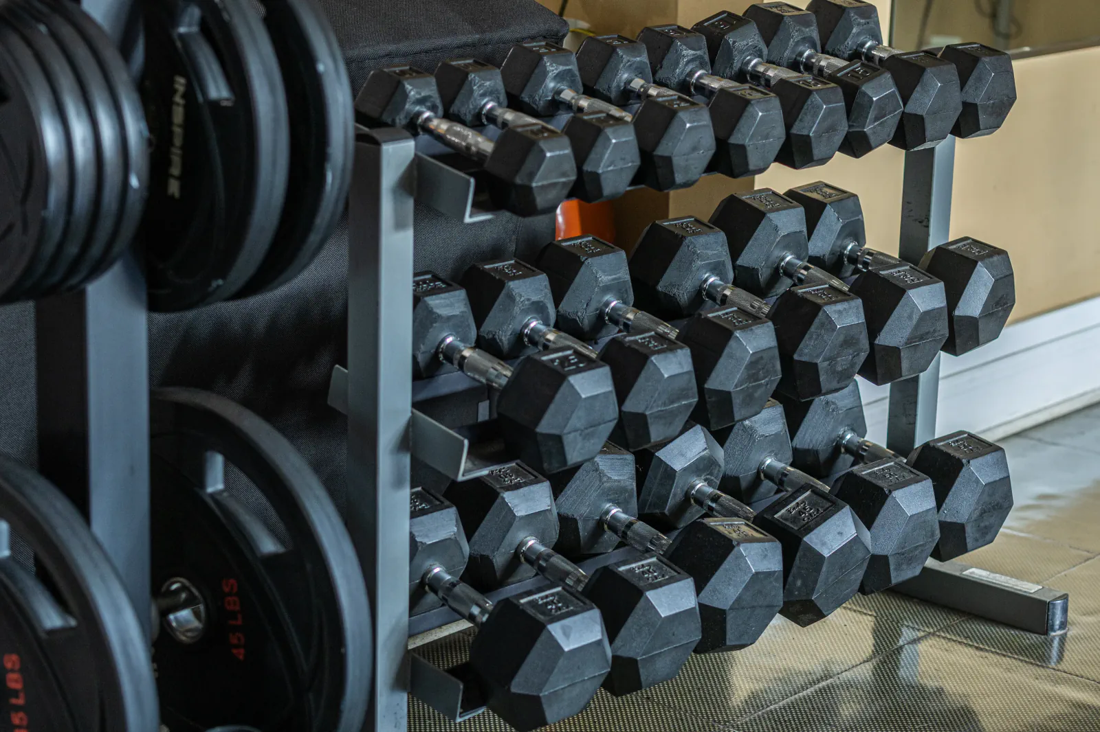 Dumbbell rack and stored weight plates in the Overall Development gym