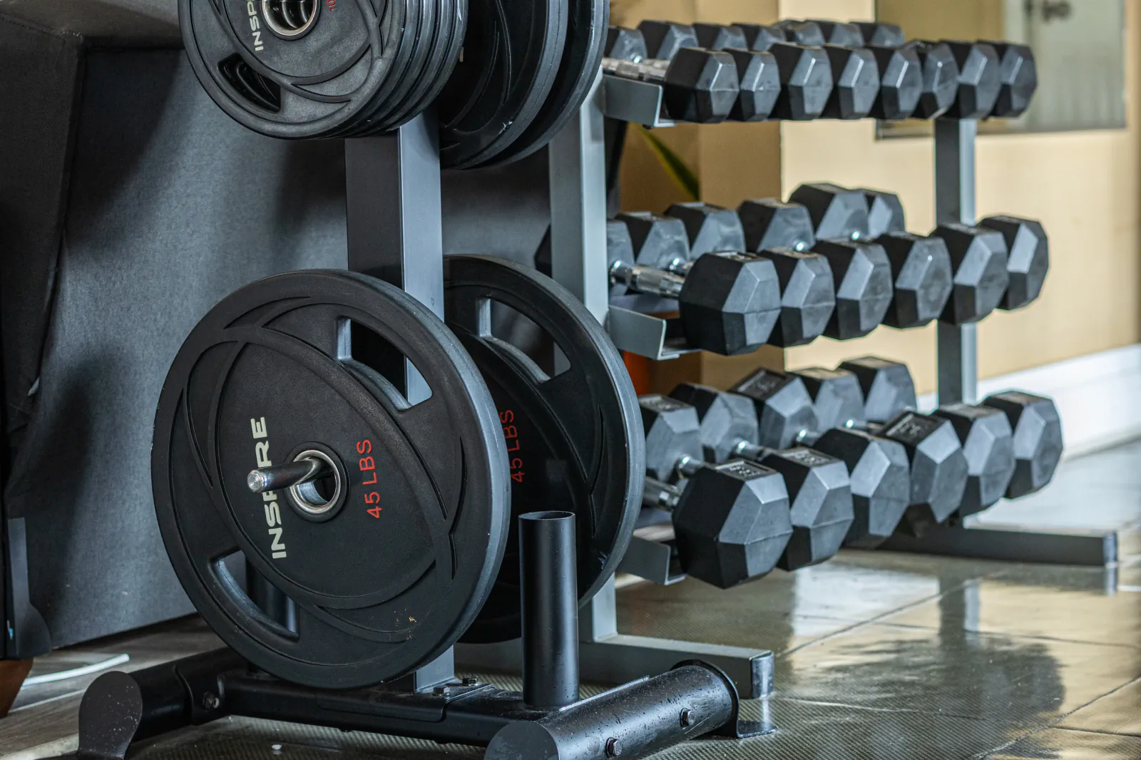 Weight plates beside a full dumbbell rack on the strength floor